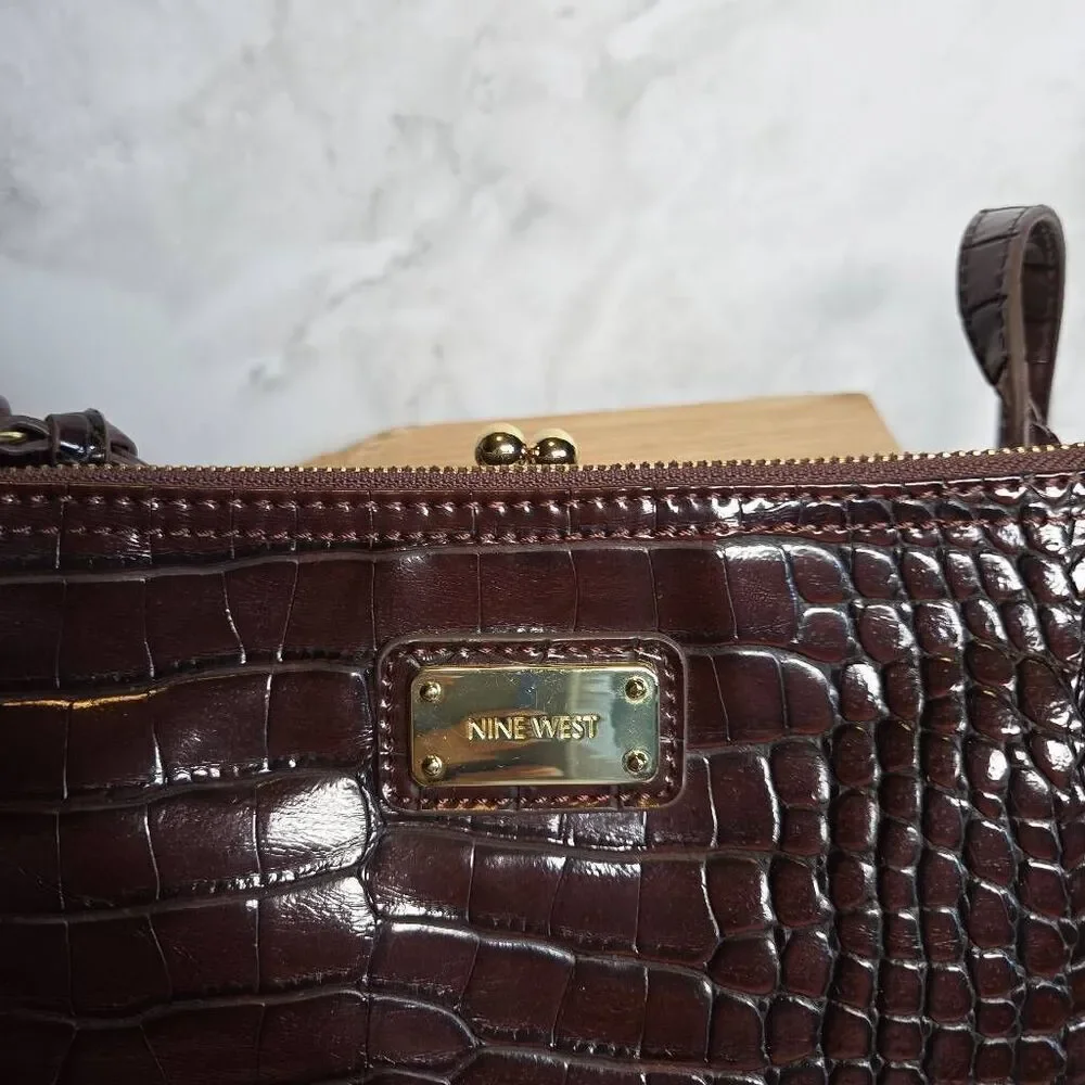 Nine West Kiss-Poptop Brown Crossbody Croc Alligator Bag